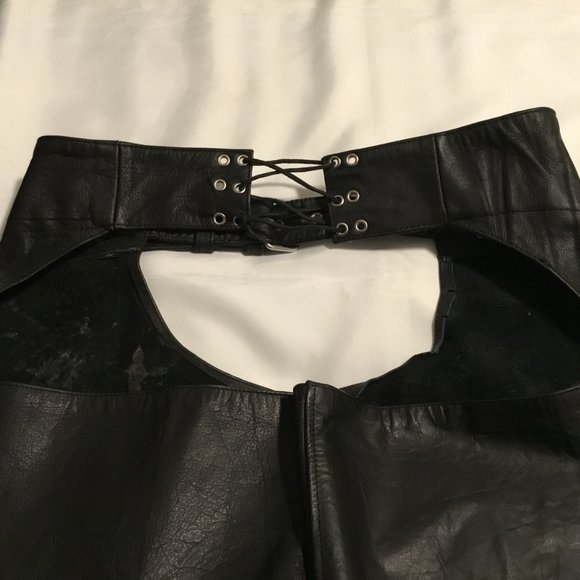 Silver Bike Adult Leather Chaps Size Medium Black Full Zip Leg Adjustable Waist - Picture 9 of 13